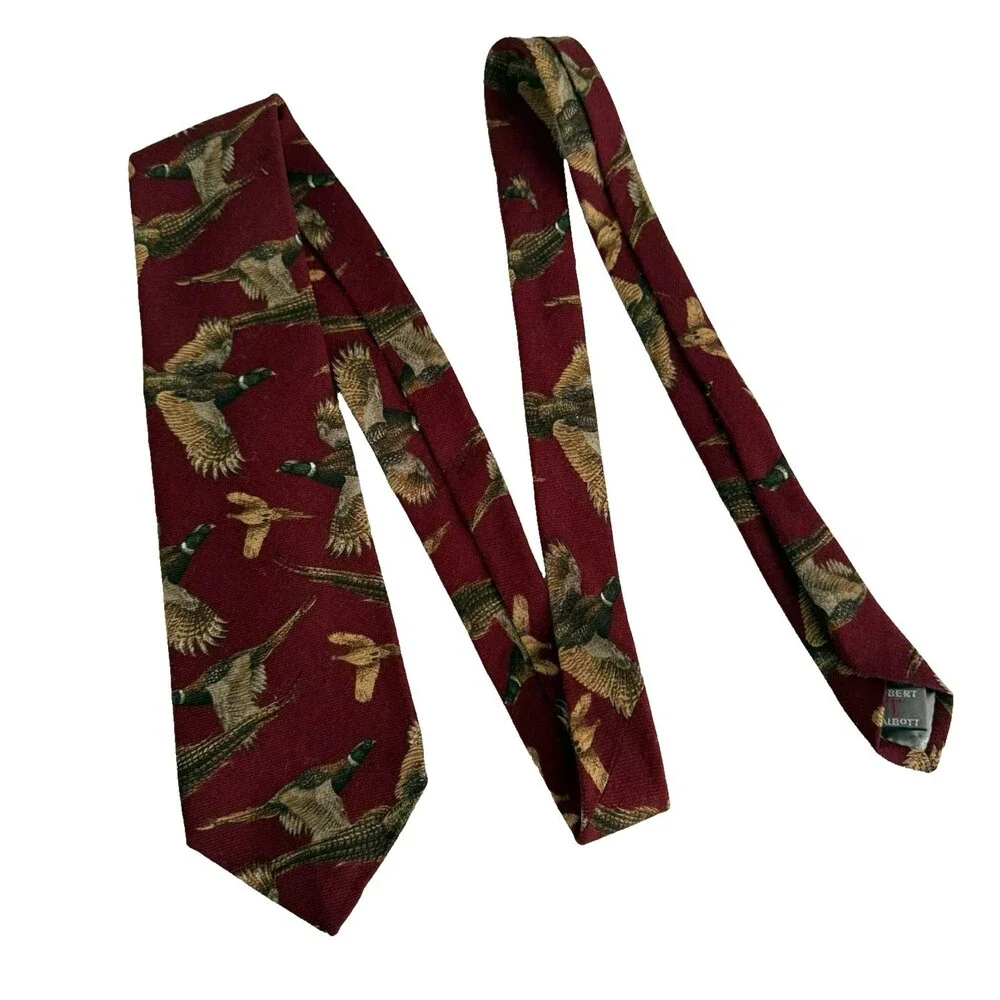 Vtg Robert Talbott Pheasant Neck Tie Hand Sewn Maroon 50/ 50 Silk Wool 3.75 x 58